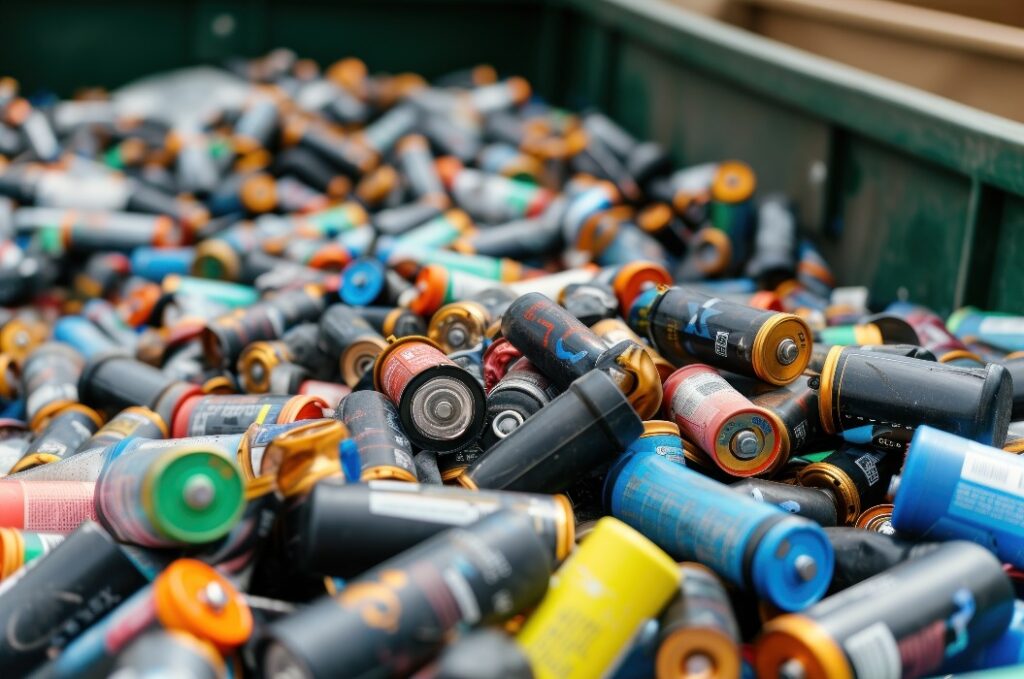 „Gebrauchte Haushaltsbatterien, die in einem Behälter zur Wiederverwertung gesammelt wurden – unterstreicht die Bedeutung der ordnungsgemäßen Batterieentsorgung.