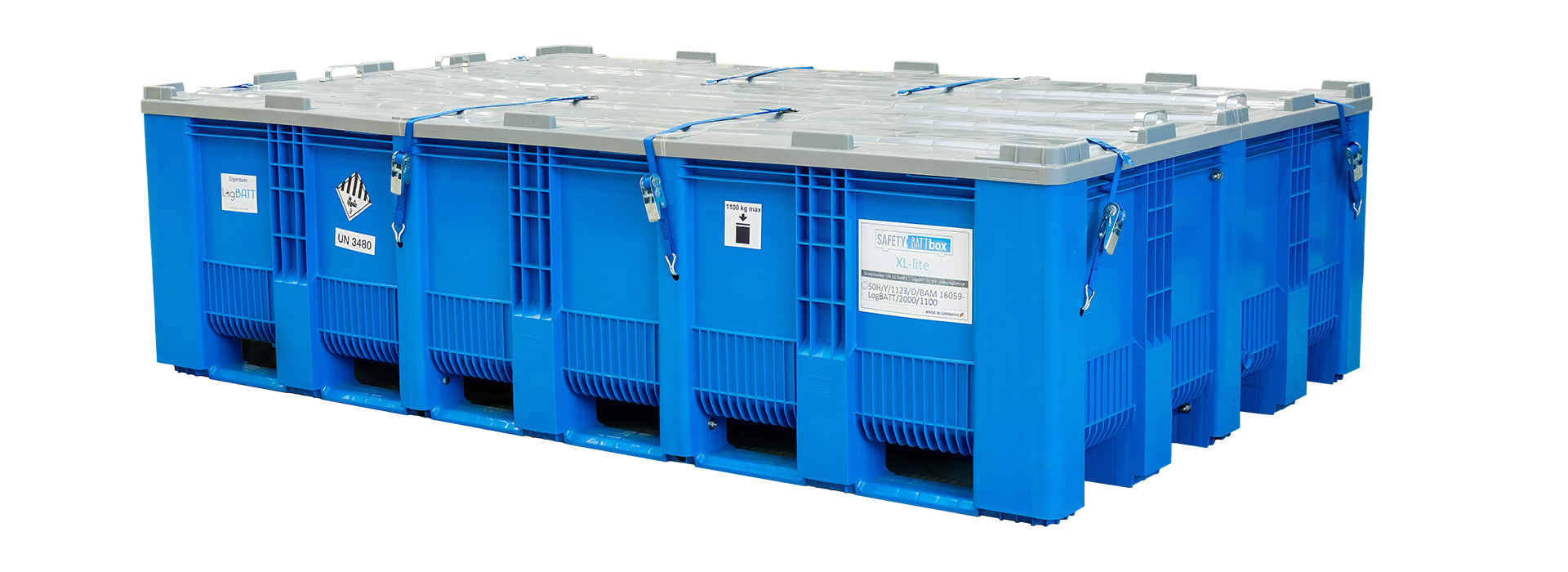 Blaue Kunststoffkiste mit grauem Deckel, verstärkt mit Verschlüssen.